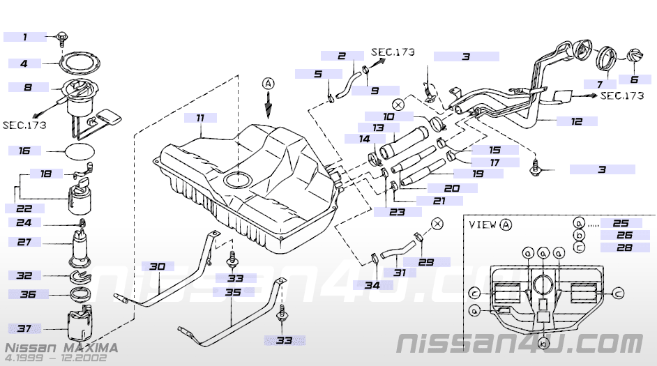 Fuel tank & fuel piping — Illustration #1, Nissan MAXIMA 2000